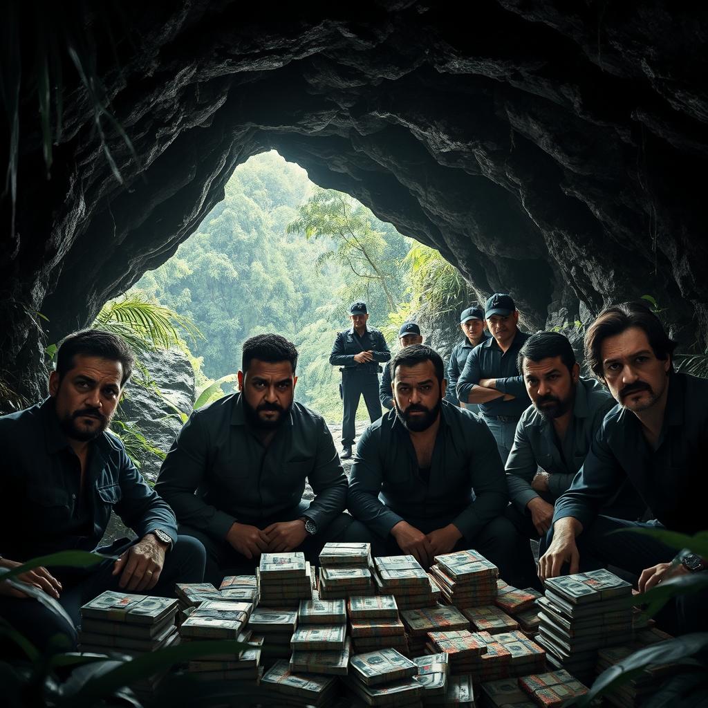 A cinematic scene from a movie titled "El Secreto de la Cueva" featuring a hidden drug cartel operation deep in a lush jungle