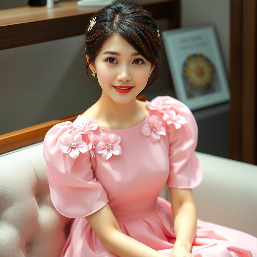 A beautiful Korean woman wearing a pink dress, adorned with flowers on her shoulder that are slightly puffed, detailed with beads at every corner of the neckline