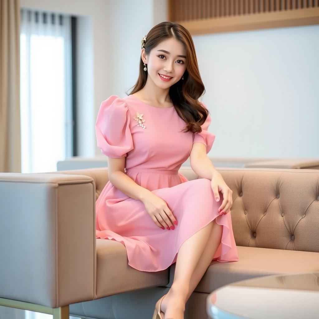 A beautiful Korean woman sitting elegantly on a sofa indoors, wearing a knee-length pink chiffon dress