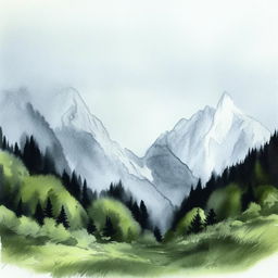 Create a watercolor painting with pen outlines featuring a majestic mountain.