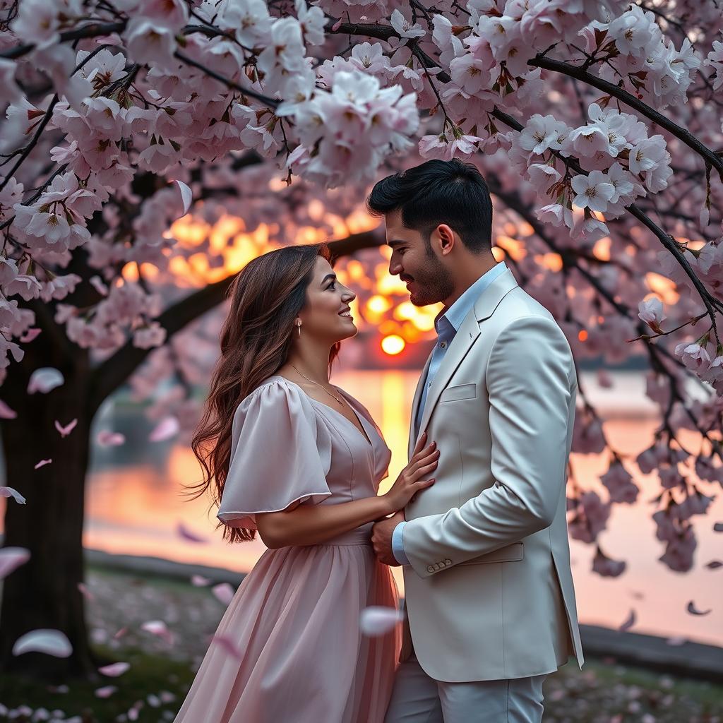 A beautiful romantic couple deeply in love, standing together under a lush, blooming cherry blossom tree in spring