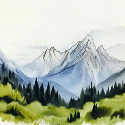 Create a watercolor painting with pen outlines featuring a majestic mountain.