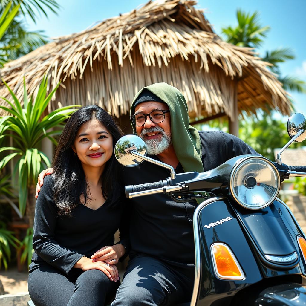 A beautiful 36-year-old Vietnamese woman with dark hair, wearing stylish black clothing, sitting next to her 60-year-old British biker boyfriend