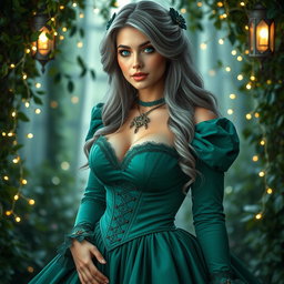 A busty, beautiful, elegant girl with very large breasts, long soft layered ash grey hair, and strikingly bright turquoise eyes