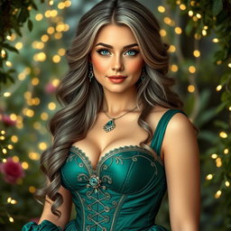 A busty, beautiful, elegant girl with very large breasts, long soft layered ash grey hair, and strikingly bright turquoise eyes