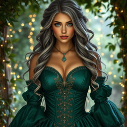 A busty, beautiful, elegant girl with very large breasts, long soft layered ash grey hair, and strikingly bright turquoise eyes