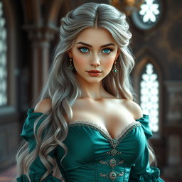 A stunningly beautiful and elegant girl with large breasts, featuring long soft layers of ash grey hair that cascade gently down her back