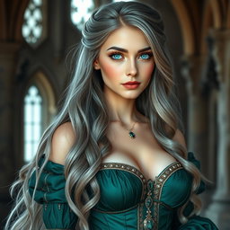 A stunningly beautiful and elegant girl with large breasts, featuring long soft layers of ash grey hair that cascade gently down her back