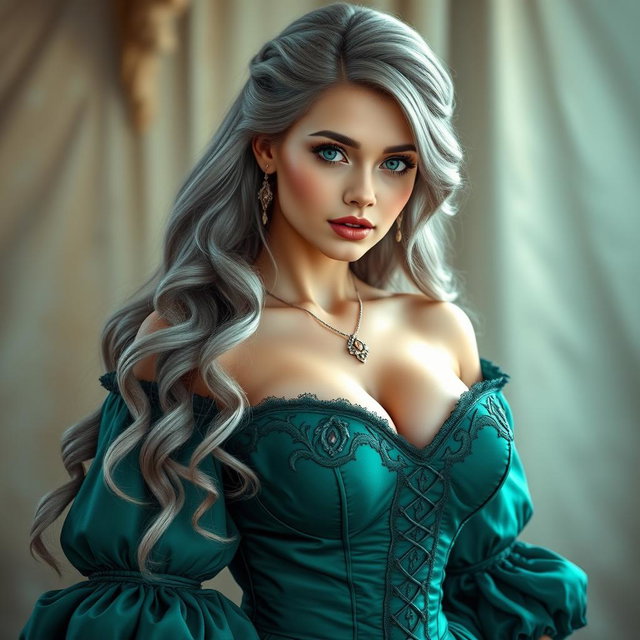 A busty, beautiful, and elegant girl with huge breasts and long, soft, layered ash grey hair, showcasing her very bright turquoise eyes