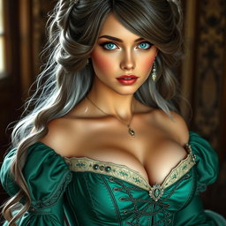 A busty, beautiful, and elegant girl with huge breasts and long, soft, layered ash grey hair, showcasing her very bright turquoise eyes