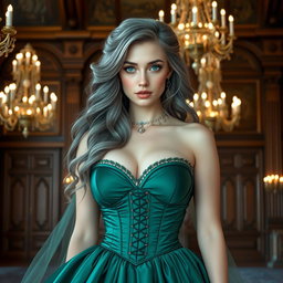 A busty and beautiful elegant girl with huge breasts and long soft layers of ash grey hair