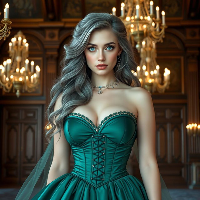 A busty and beautiful elegant girl with huge breasts and long soft layers of ash grey hair