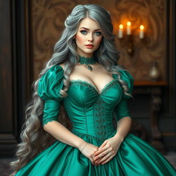 A busty, beautiful, and elegant girl with huge breasts, long soft layers of ash grey hair, and very bright turquoise eyes
