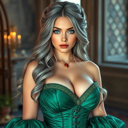 A busty, beautiful, and elegant girl with huge breasts, long soft layers of ash grey hair, and very bright turquoise eyes