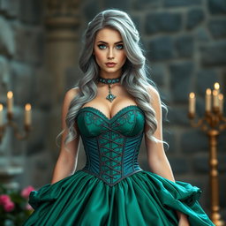 A busty, beautiful, and elegant girl with huge breasts, long soft layers of ash grey hair, and very bright turquoise eyes