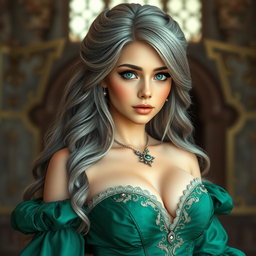 A busty, beautiful, and elegant girl with huge breasts, long soft layers of ash grey hair, and very bright turquoise eyes