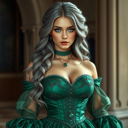 A stunningly beautiful and elegant girl with huge breasts, featuring long, soft layers of ash grey hair that cascade down gracefully