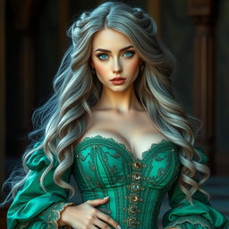 A stunningly beautiful and elegant girl with huge breasts, featuring long, soft layers of ash grey hair that cascade down gracefully
