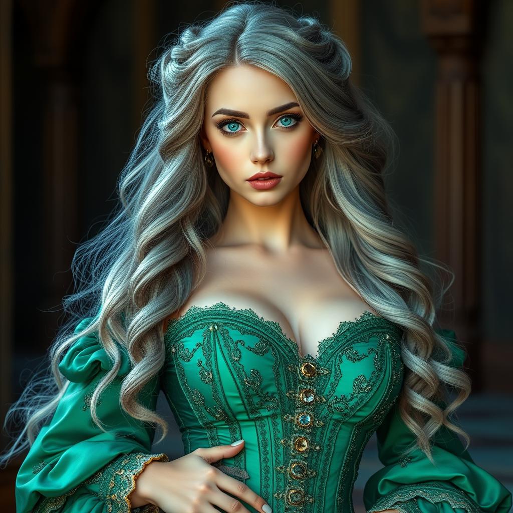 A stunningly beautiful and elegant girl with huge breasts, featuring long, soft layers of ash grey hair that cascade down gracefully