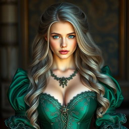 A stunningly beautiful and elegant girl with huge breasts, featuring long, soft layers of ash grey hair that cascade down gracefully