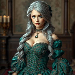 A busty, beautiful and elegant girl with a stunning slim face shaped like a diamond, featuring long, soft layers of ash grey hair that cascades elegantly