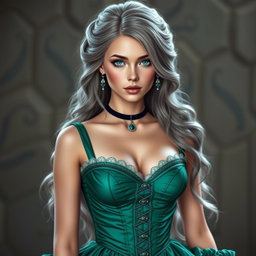 A busty, beautiful and elegant girl with a stunning slim face shaped like a diamond, featuring long, soft layers of ash grey hair that cascades elegantly
