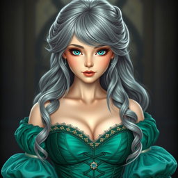 A busty, beautiful and elegant girl with a stunning slim face shaped like a diamond, featuring long, soft layers of ash grey hair that cascades elegantly