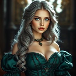 A busty, beautiful and elegant girl with a stunning slim face shaped like a diamond, featuring long, soft layers of ash grey hair that cascades elegantly