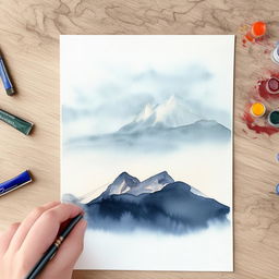 Create a watercolor painting with pen outlines featuring a majestic mountain.