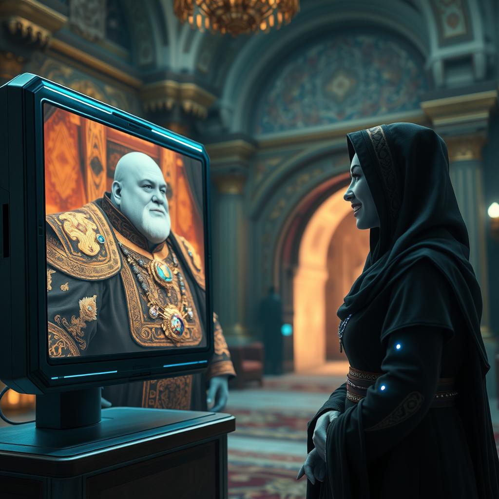 A fat noble character with bald blue skin, richly decorated robes adorned with intricate patterns and jewels, appears on a futuristic monitor screen
