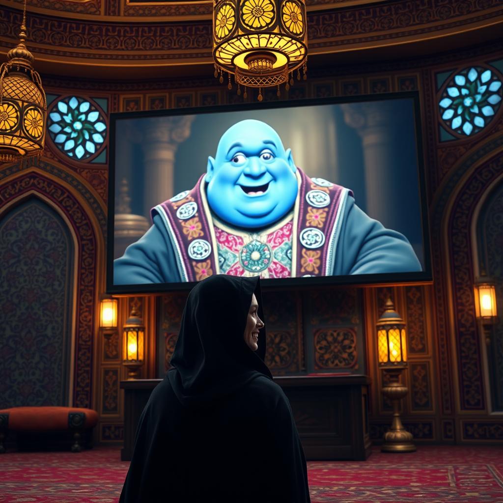 A fat noble character with bald blue skin, wearing richly decorated robes, appears on a large monitor screen
