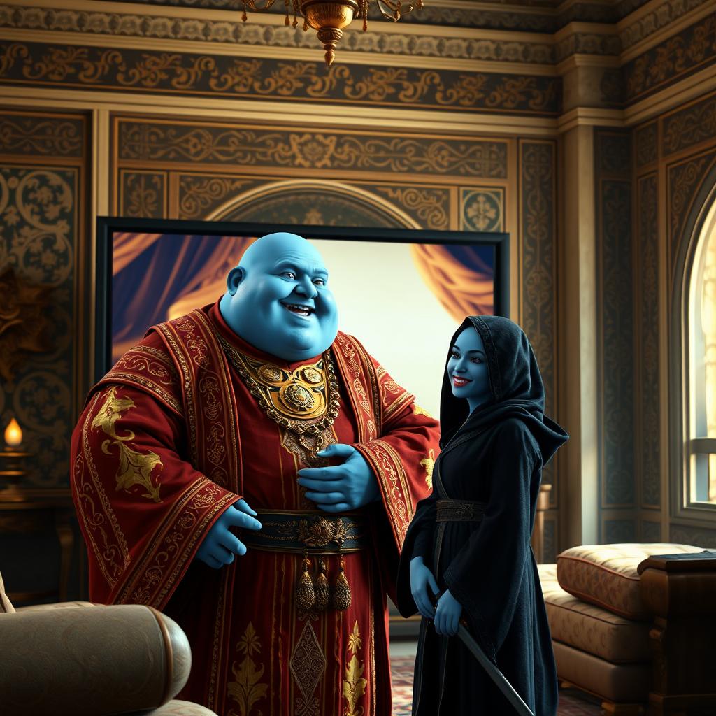 A fat noble character with bald, blue skin, wearing richly decorated robes, is depicted on a monitor screen in a middle eastern room