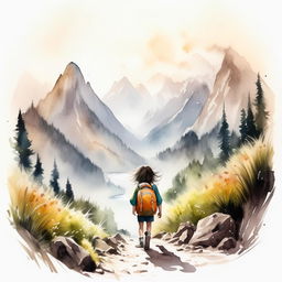 Add to the existing scene a small girl, in the same watercolor and pen outline style, backpacking through the majestic mountain.