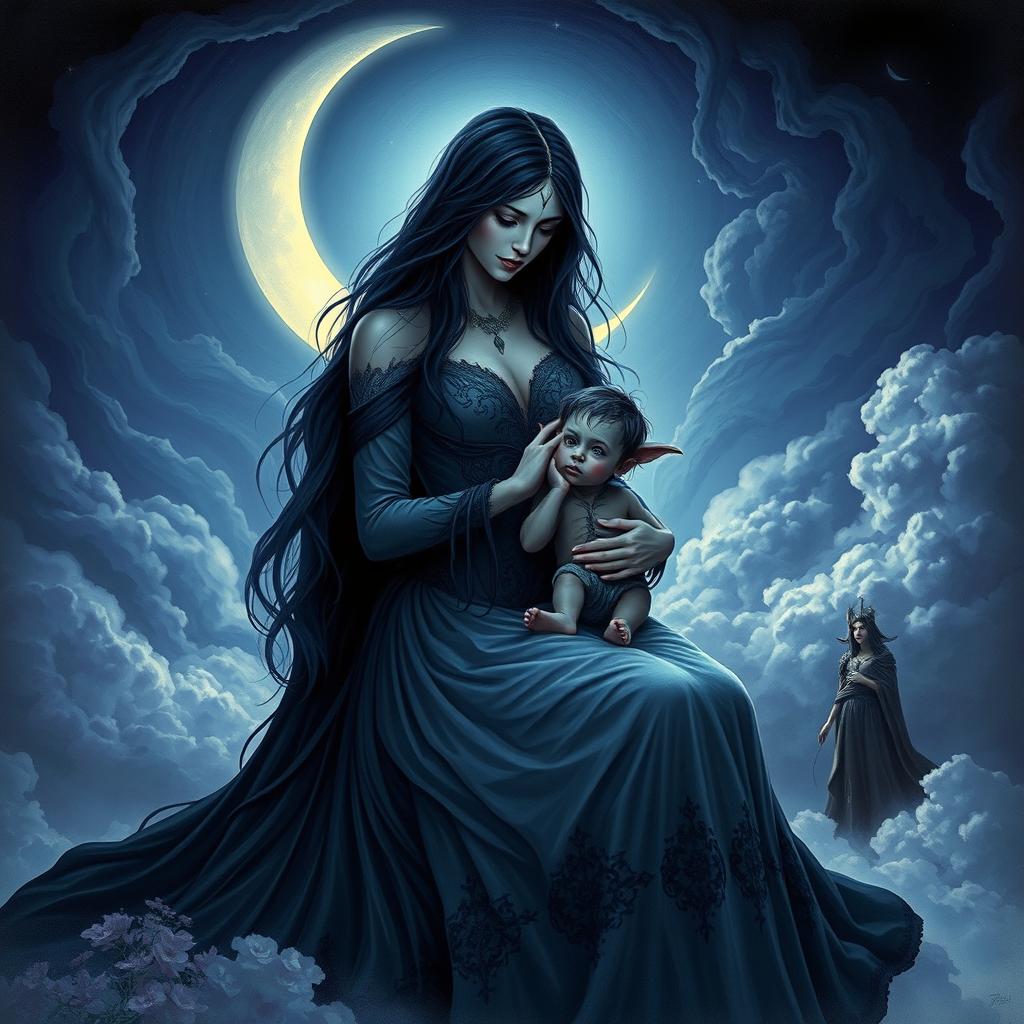 A mystical and artistic representation of Lilith gently embracing a small version of the Antichrist