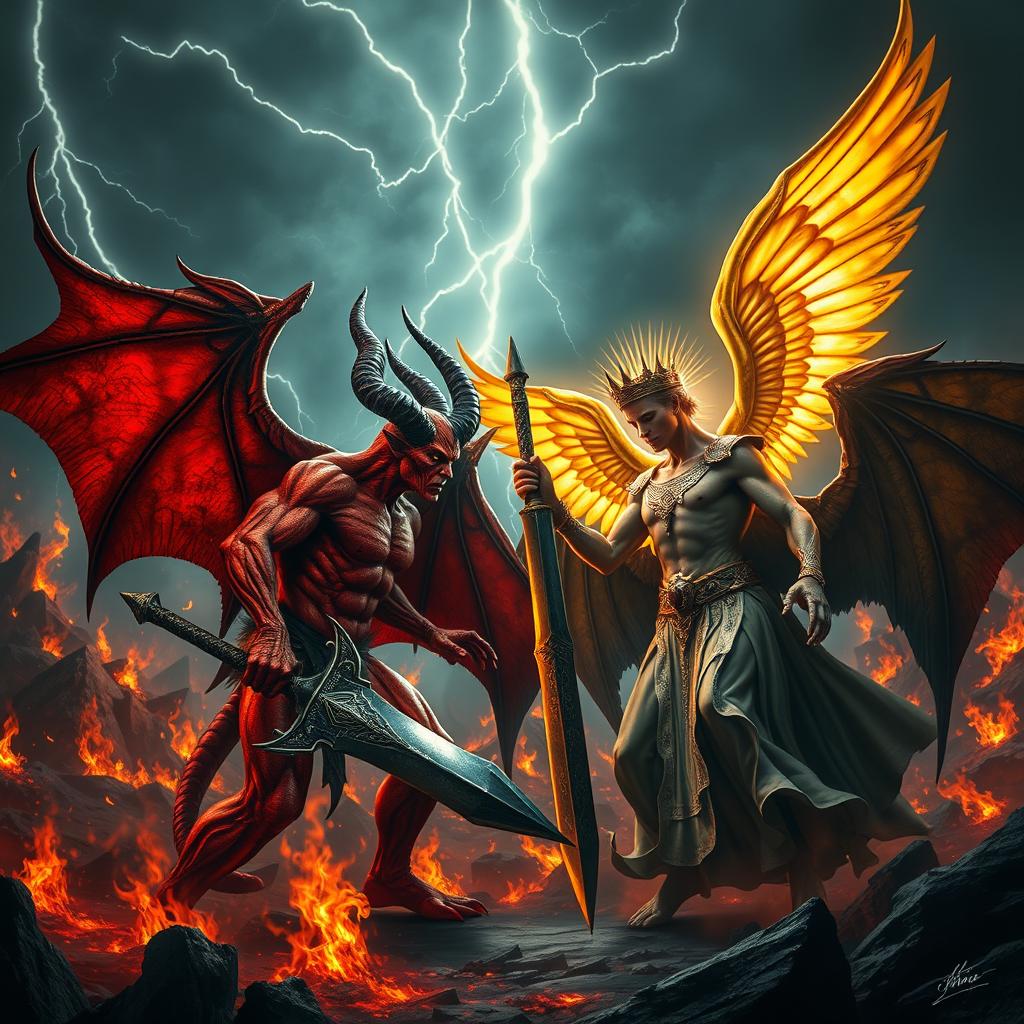 A dramatic confrontation scene between two powerful figures: Satan and Lucifer
