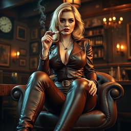 A middle-aged seductive ranger with bright blonde hair and very large breasts, showcasing a striking figure