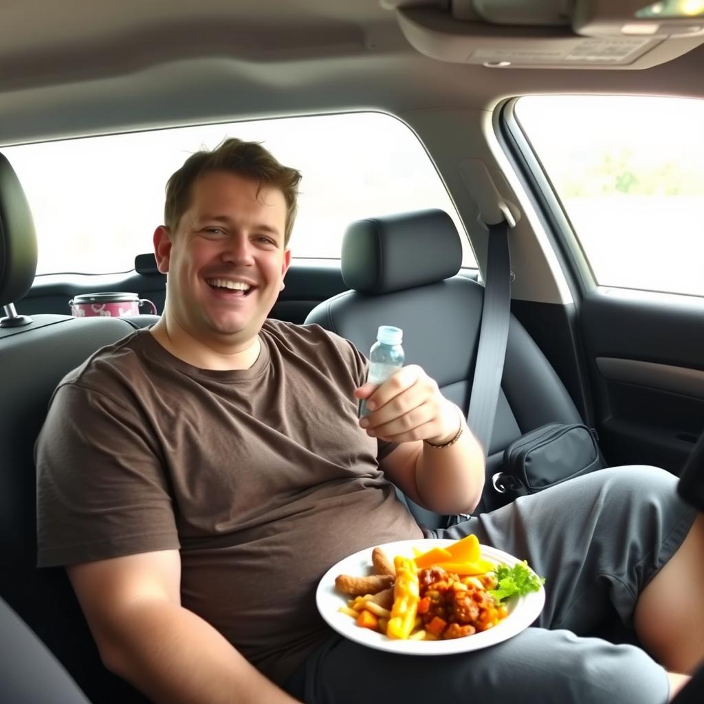 A man with Down syndrome sitting in a car, enjoying a meal with a joyful expression