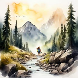 Add to the existing scene a small girl, in the same watercolor and pen outline style, backpacking through the majestic mountain.