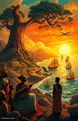 An epic illustration depicting the Yoruba mythology as narrated in "Los Orígenes"