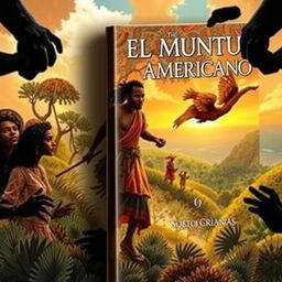 A captivating book cover titled "El Muntu Americano" that illustrates the dramatic events between 1550 and the 17th century, focusing on the cimarron revolts in Cartagena and the emergence of Benkos Biohó as a leader of slave resistance