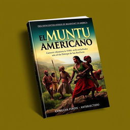 A captivating book cover titled "El Muntu Americano" that illustrates the dramatic events between 1550 and the 17th century, focusing on the cimarron revolts in Cartagena and the emergence of Benkos Biohó as a leader of slave resistance