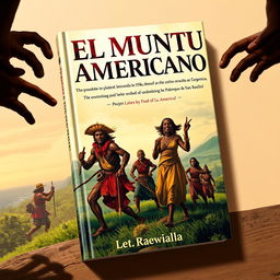A captivating book cover titled "El Muntu Americano" that illustrates the dramatic events between 1550 and the 17th century, focusing on the cimarron revolts in Cartagena and the emergence of Benkos Biohó as a leader of slave resistance
