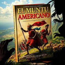 A captivating book cover titled "El Muntu Americano" that illustrates the dramatic events between 1550 and the 17th century, focusing on the cimarron revolts in Cartagena and the emergence of Benkos Biohó as a leader of slave resistance