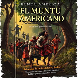 A powerful book cover design for "El Muntu Americano" depicting the events between 1550 and the 17th century, with a focus on the cimarron revolts in Cartagena and the emergence of Benkos Biohó as a leader of slave resistance