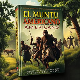 A powerful book cover design for "El Muntu Americano" depicting the events between 1550 and the 17th century, with a focus on the cimarron revolts in Cartagena and the emergence of Benkos Biohó as a leader of slave resistance