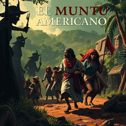 A powerful book cover design for "El Muntu Americano" depicting the events between 1550 and the 17th century, with a focus on the cimarron revolts in Cartagena and the emergence of Benkos Biohó as a leader of slave resistance