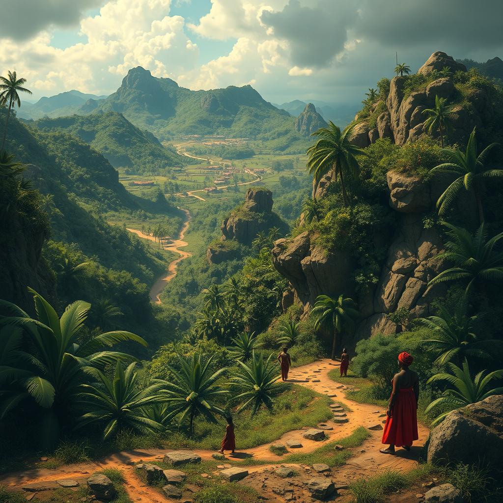 An epic landscape illustrating the historical events of the Maroon revolts in Cartagena between 1550 and the 17th century, focusing on the rise of Benkos Biohó as a leader of enslaved resistance