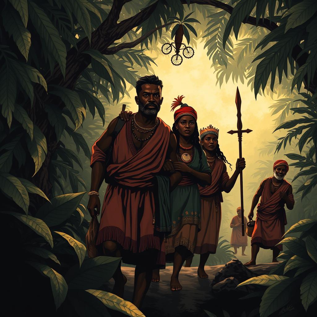 An evocative illustration depicting the emergence of Benkos Biohó as a leader of enslaved resistance