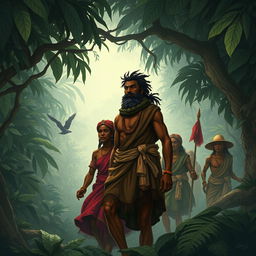 An evocative illustration depicting the emergence of Benkos Biohó as a leader of enslaved resistance