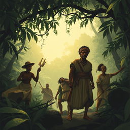 An evocative illustration depicting the emergence of Benkos Biohó as a leader of enslaved resistance